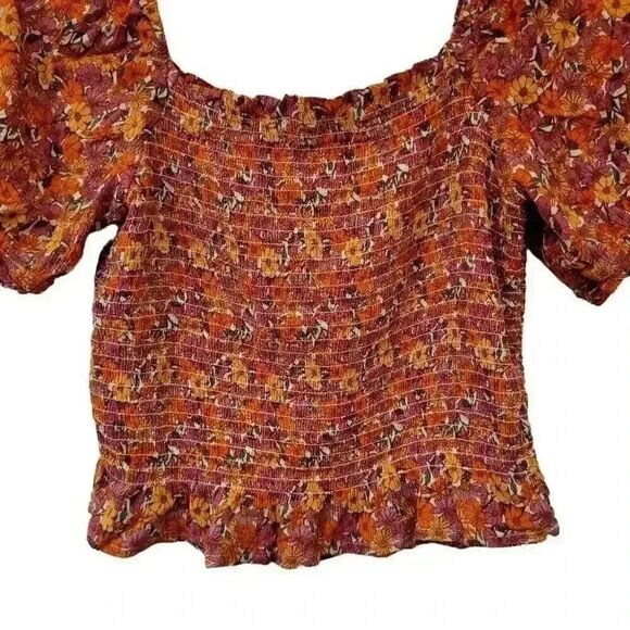 SO Junior Women's Red/Orange Floral Rayon Smocked Summer Square Neck Puff Sleeve - Picture 6 of 9